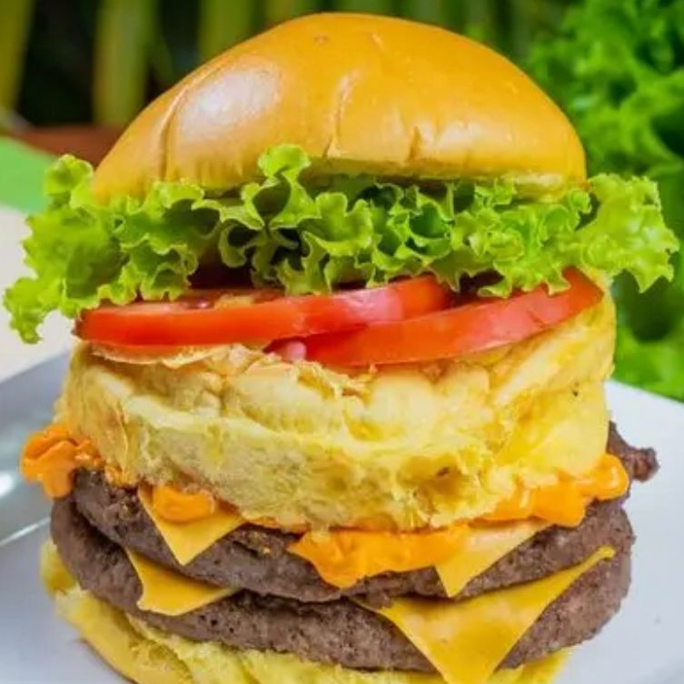 PAO BRIOCHE, 2 CARNE PICANHA 120GRS , CHEDDAR CREMOSO , MOLHO ESPECIAL E SALADA