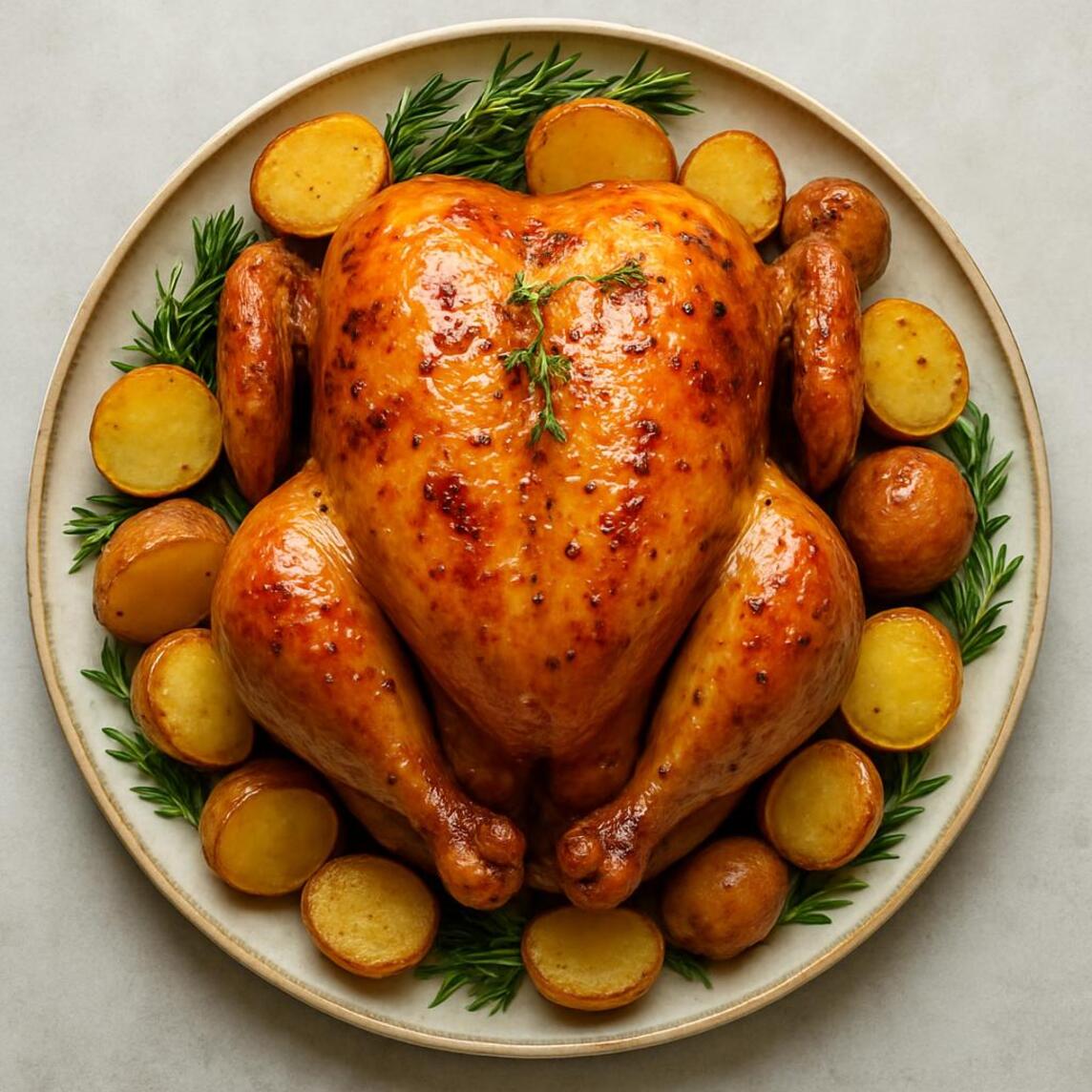 Frango Assado inteiro dourado por fora e ultra suculento por dentro, temperado na receita secreta do Frangão. Acompanha 6 batatas coradas na gordura do assado e farofa crocante da casa 30g. Perfeito para 3 a 4 pessoas!