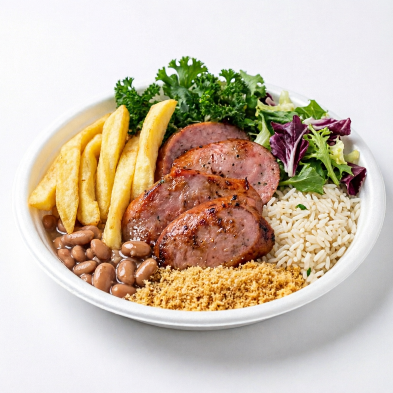 Acompanha Arroz, feijão , salada crua ou cozida , pode ir macarrão e farofa como cortesia.