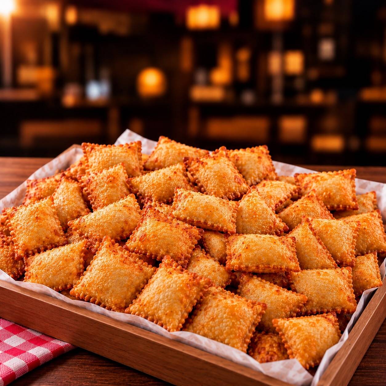 10 pastelzinhos de carne, 10 pastelzinhos de queijo.