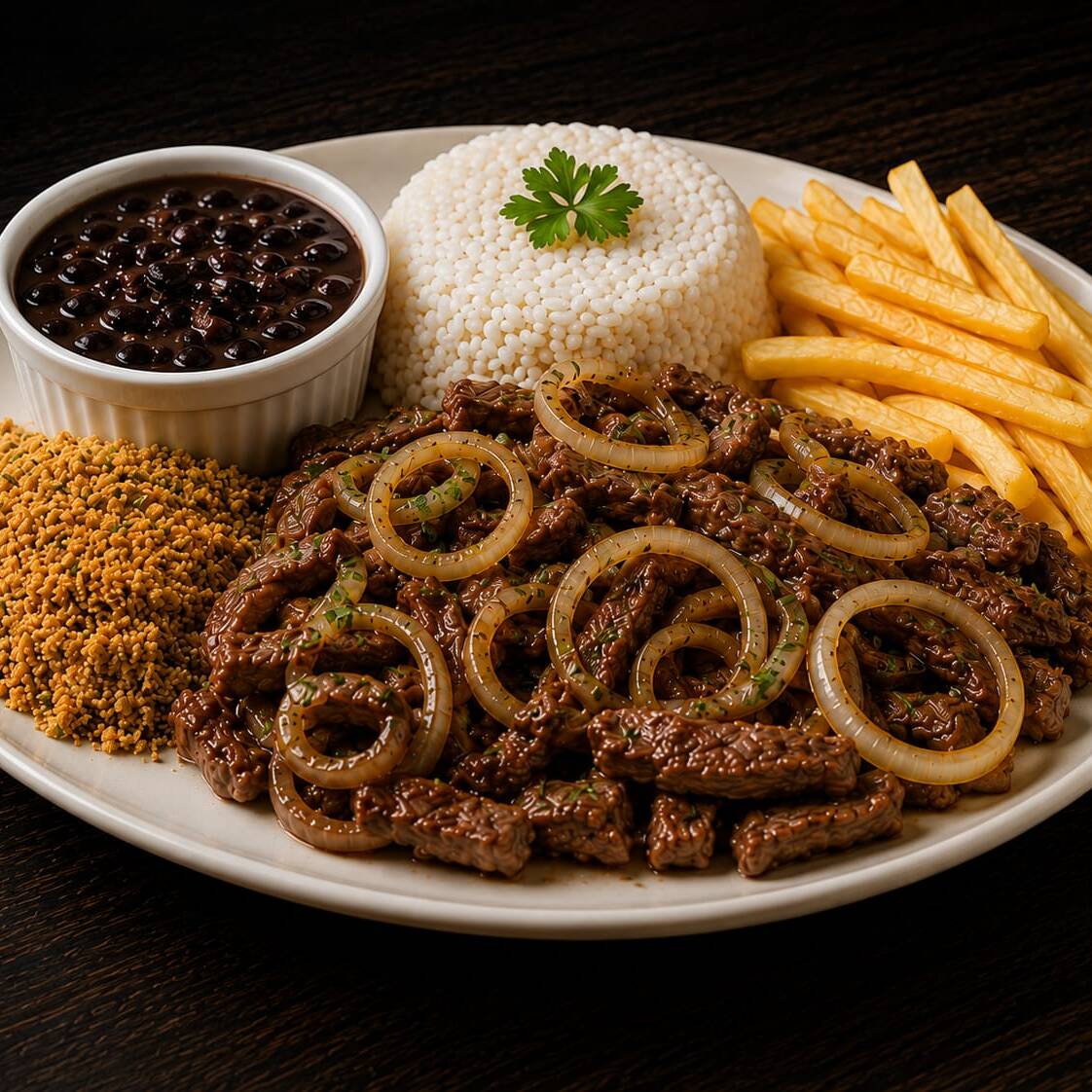 TIRA DE ALCATRA ACOMPANHADO DE ARROZ SOLTINHO FAROFA BATATAS FRITAS E FEIJÃO TEMPERADINHO.