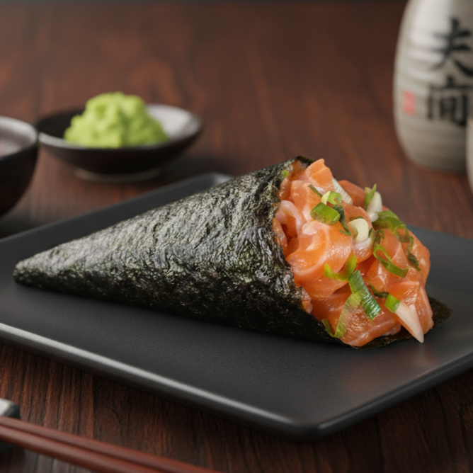 Cone de alga recheado com arroz japonês temperado, cebolinha e cream cheese.