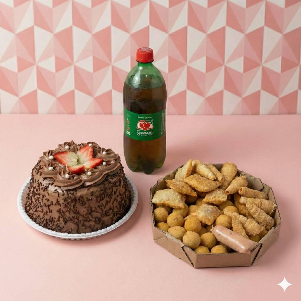 Salgadinho e bolo: a dupla que todo mundo ama! Leve nosso Bolo Vulcão Médio (17cm) com piscina de cobertura, acompanhado de 50 salgadinhos sortidos deliciosos e 1 Refri de 1L. Perfeito para comemorações rápidas ou para aquele lanche especial de fim de semana.