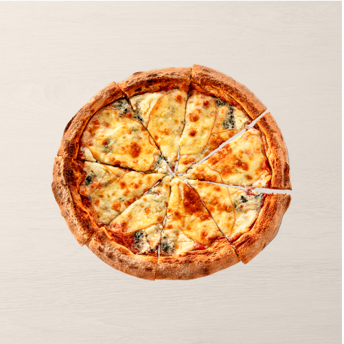 Mussarela, cremely, provolone, parmesão, gorgonzola e molho de tomate.