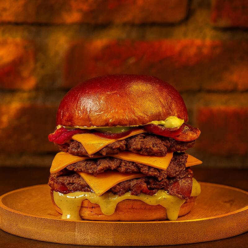 Burger preparado com pão brioche, 03 carnes smash de 90g, fatias de queijo cheddar com maionese verde da casa e cebola ao molho shoyu.