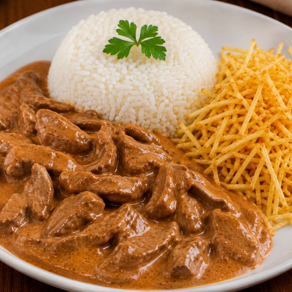 Strogonoff de carne ( sem Champignon) , acompanha arroz branco e batata palha.