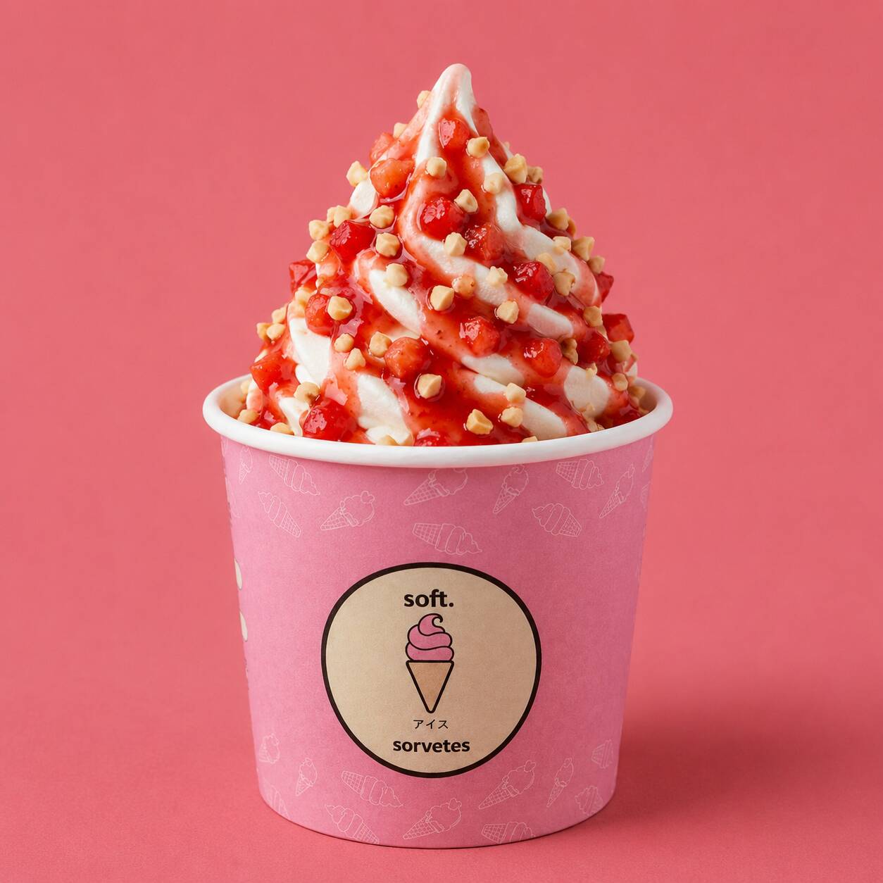 Refrescante, leve e simplesmente irresistível! O Morango Fresh combina o nosso sorvete de baunilha soft com uma deliciosa calda de morango com pedaços da fruta, trazendo aquele sabor natural e vibrante que só o morango tem. Acompanha Amendoins Crocantes e um Canudo Biju. imagem meramente ilustrativa.