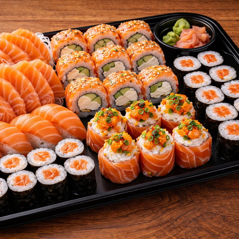 10 Sashimi de salmão, 10 Uramaki Filadélfia, 6 niguiri de Salmão, 4 Joe, 10 Hossomaki de Salmão