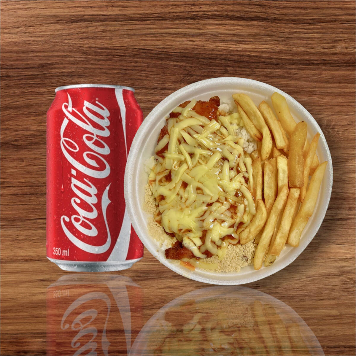 Marmita acompanha, arroz branco, feijão preto, farofa e fritas. Acompanha 1 Coca-Cola Lata.
