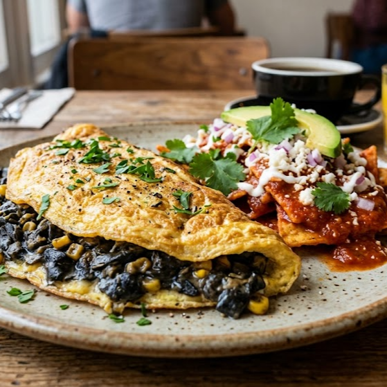Omelet con Cuitlacoche con Chilaquiles