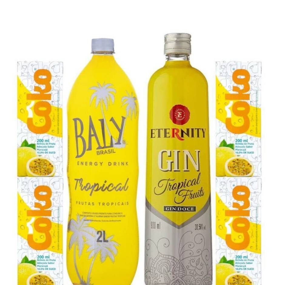 Nosso combo acompanha 1 garrafa de gin (eternity) + 1 energético tropical 2 litros + 4 gelos de maracujá + 4 copos