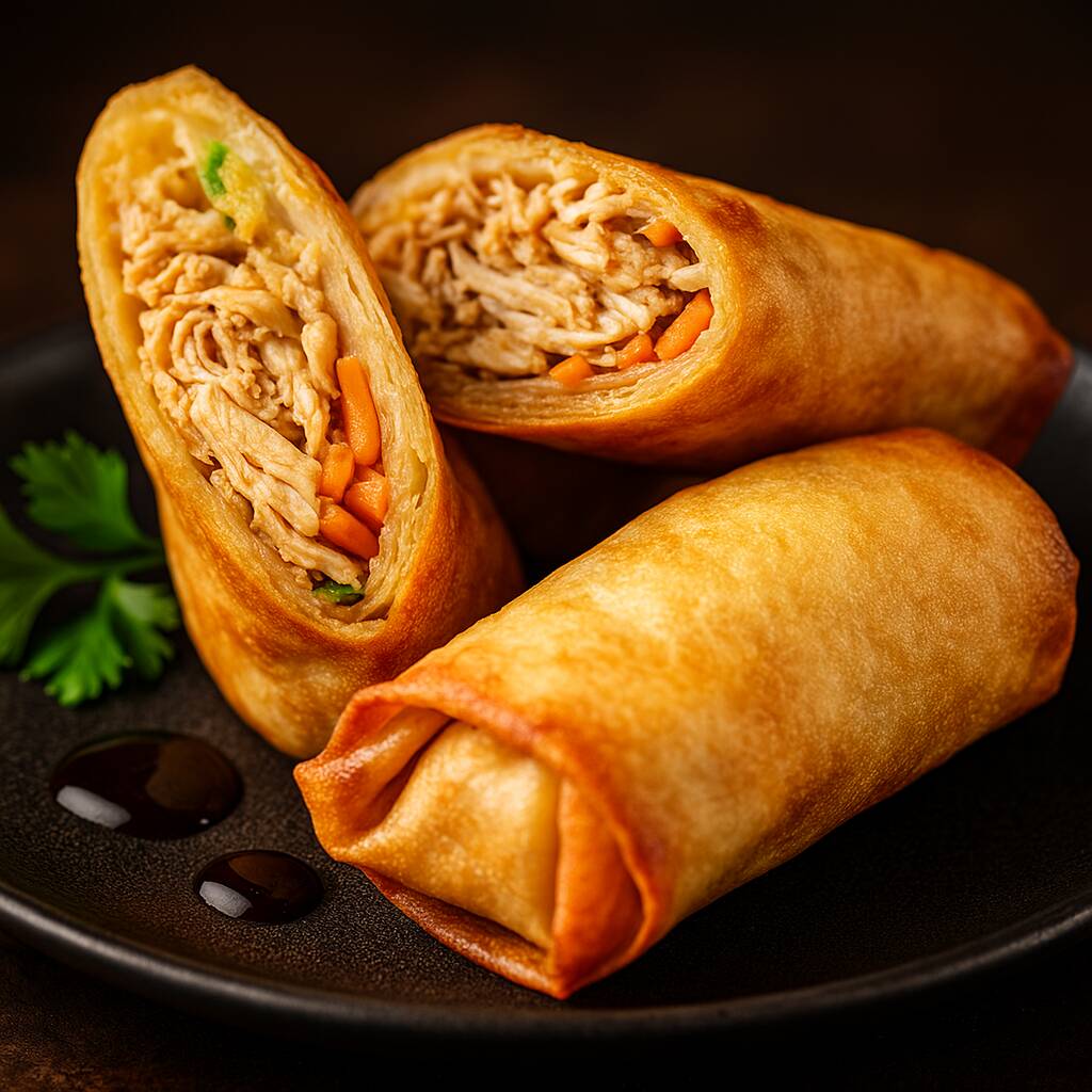 Massa super crocante oriental recheada de frango grelhado no azeite e creem chesse.