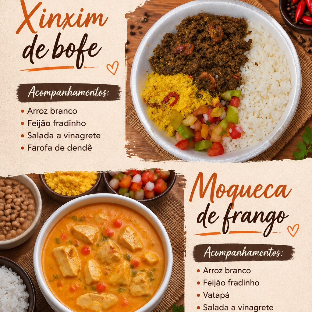 Xinxim de bofe: bofe bem temperado e cozido até ficar macio, preparado com camarão seco, amendoim, castanha e azeite de dendê, acompanhado de arroz branco, feijão-fradinho, salada à vinagrete e farofa de dendê.