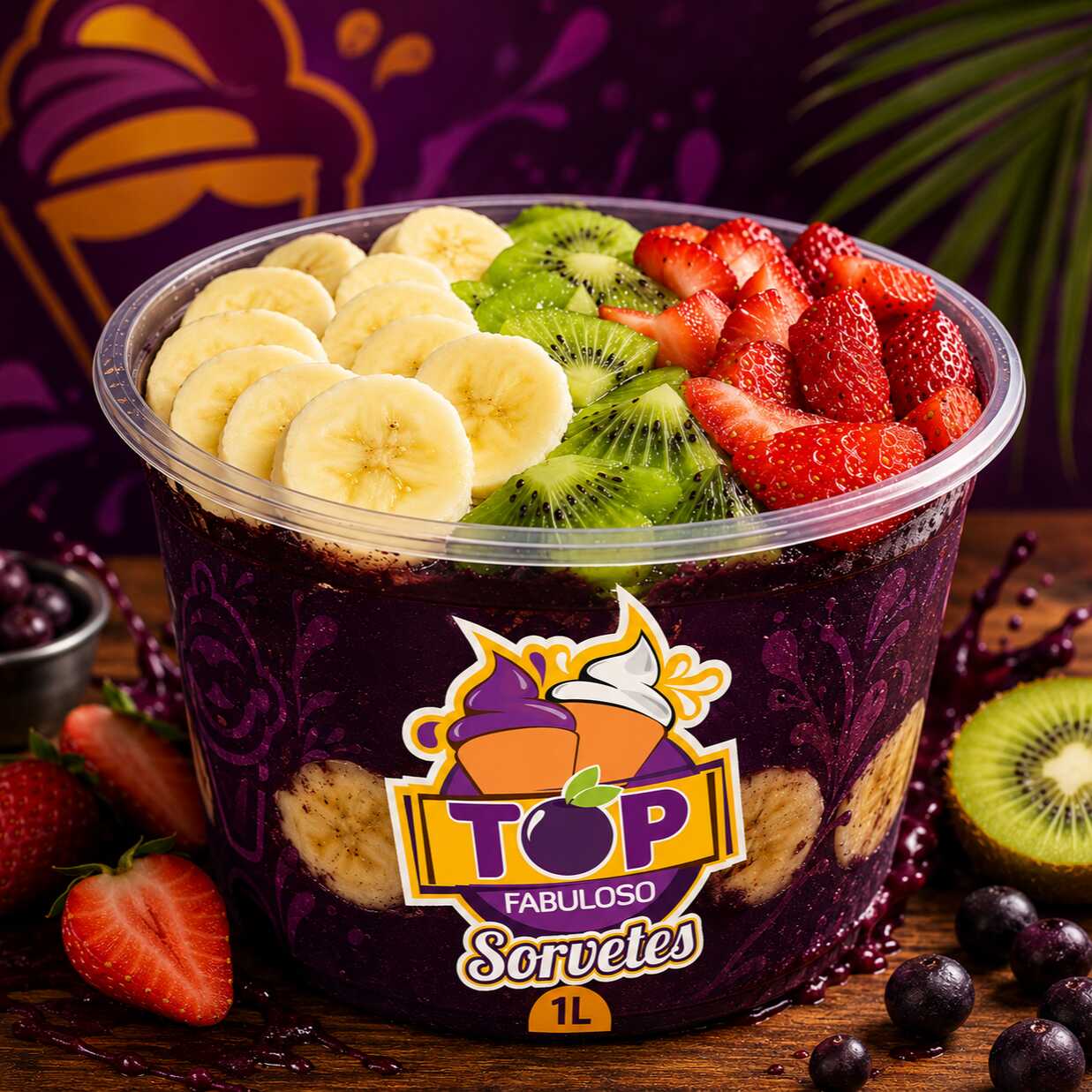 1 litro do mais saboroso açaí com 4 deliciosas frutas da estação à sua escolha. Para uma experiência mais completa e recheada, turbine o seu açaí com os nossos adicionais!