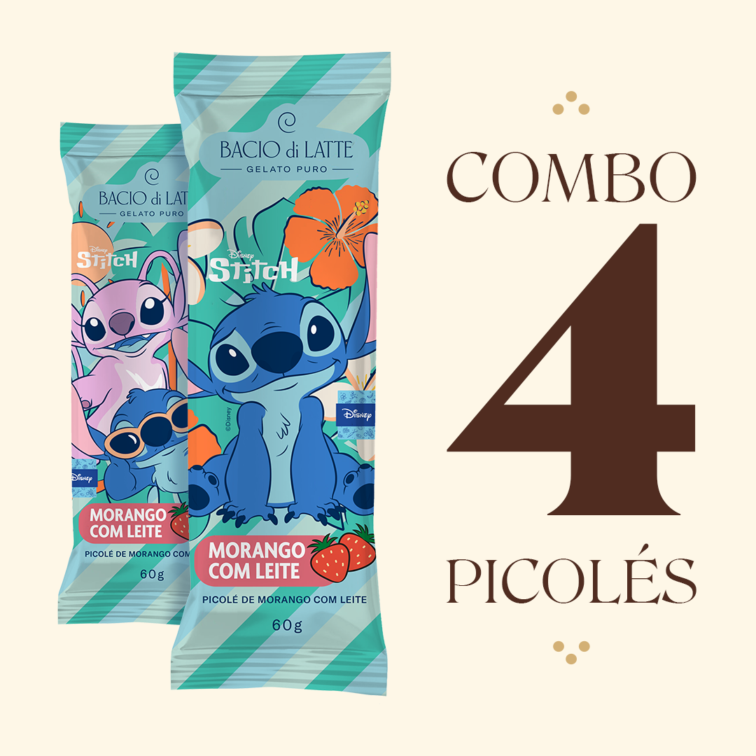 Compre 4 picolés e tenha 10% de desconto. De 55,60 por 50,00.
Picolés de Morango com Leite