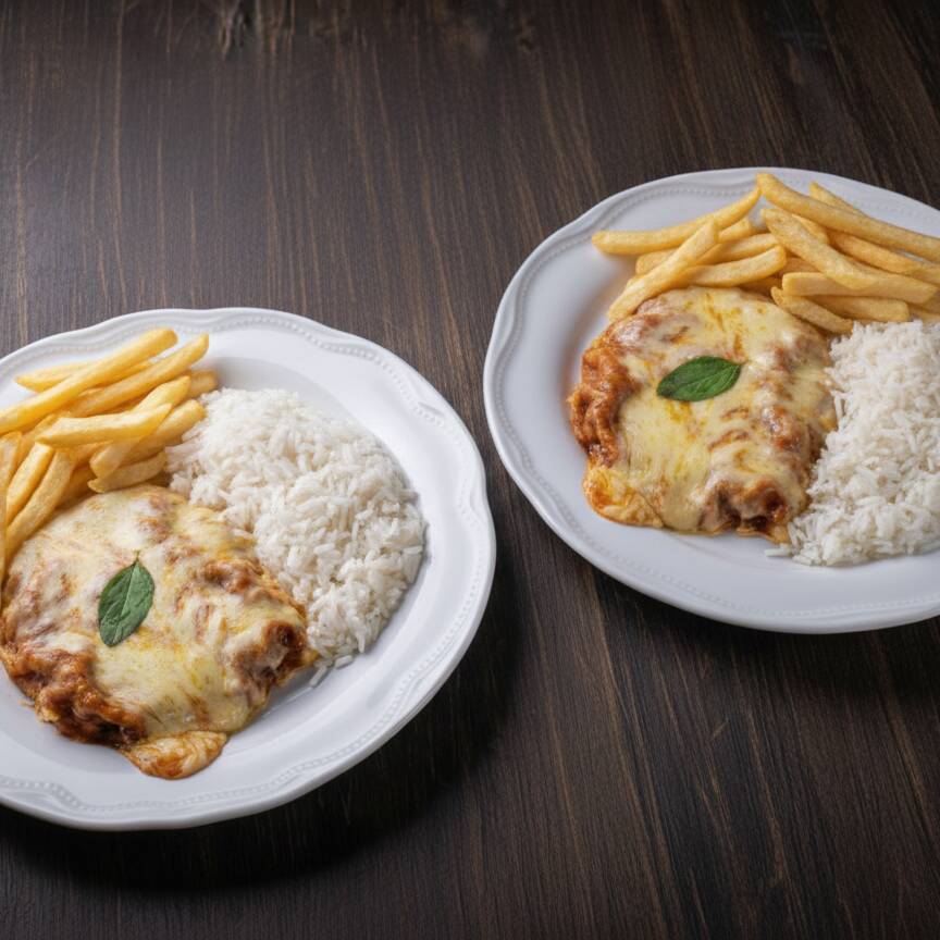 Filé de frango à parmegiana com molho, queijo derretido, arroz soltinho e batata frita crocante. Uma delícia irresistível!
