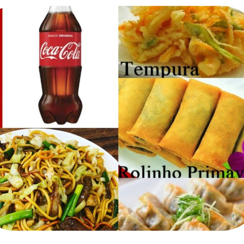 (2 yakissoba simples 500ml + 2 Rolinho primavera + 2 tempurá de legumes + 6 guioza + coca cola 600ml )