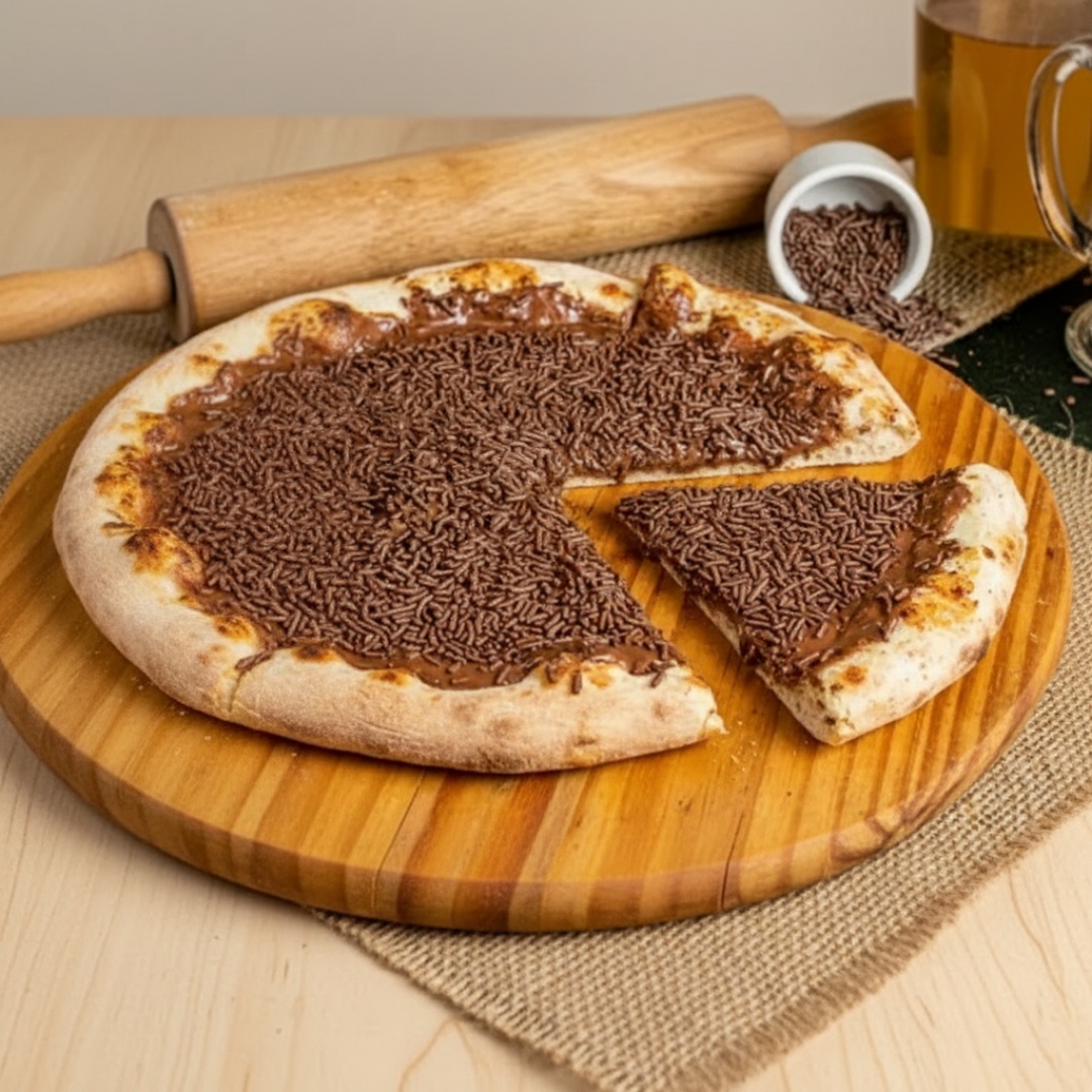 A 'Pizza de Brigadeiro' é um deslumbrante exemplar . Cuidadosamente preparada com uma massa artesanal, proporciona uma textura leve e irresistível. Coberta com uma generosa camada de creme de leite e saborosa mozzarella, cada fatia é um convite ao prazer sem igual. O sabor adocicado do brigadeiro, harmoniosamente combinado com o toque exótico da canela e o açúcar, cria uma experiência de sabor ine