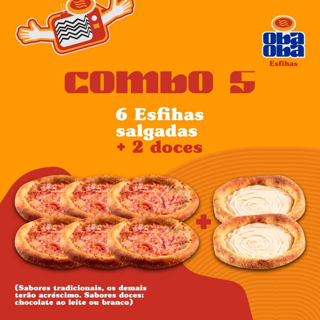 Combo sensacional para o seu momento Oba Obaaaaa! Selecione 6 esfihas salgadas e tem mais! Também selecione 2 esfihas doces! Sabores doces disponíveis: Chocolate Ao Leite e Chocolate Branco.