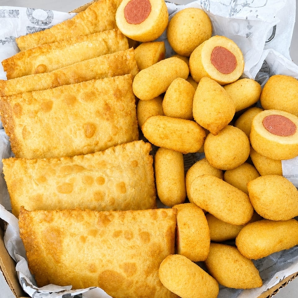 6 pastelzinhos sabor Queijo ou Calabresa com queijo+ 30 salgadinhos variados.
Sabores disponíveis conforme disponibilidade do dia.
