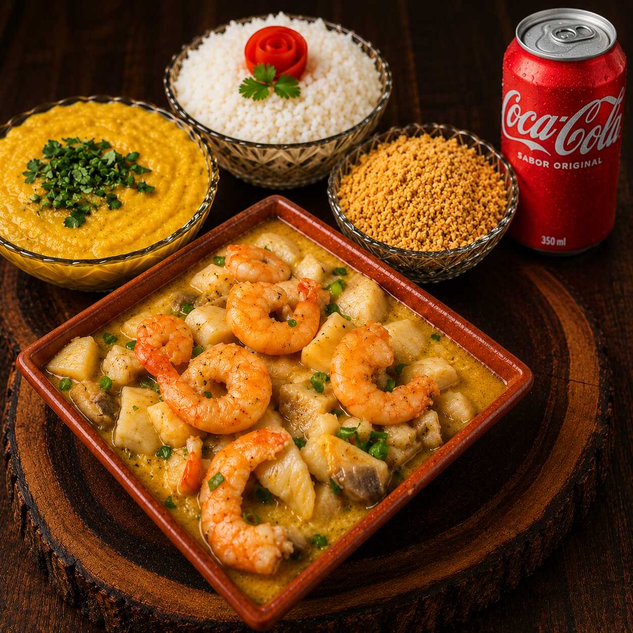 Moqueca de peixe com camarão, acompanhada de arroz, pirão e farofa, + Coca-Cola 350ml bem gelada.
Uma opção deliciosa e completa para matar a fome no almoço ou jantar, com o sabor do Jacarezinho da Moranga.