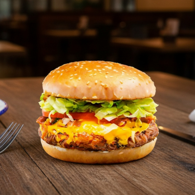 **Imagem ilustrativa. Montagem pode variar conforme preparo.**Hambúrguer de 140g com mostarda, catchup, maionese, cebola, alface, tomate, queijo cheddar e bacon em pão com gergelim. Uma experiência suprema de sabor.