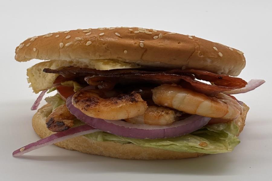 HAMBURGUESA CAMARON ENVUELTA EN TOCINO DOBLE CAMARON