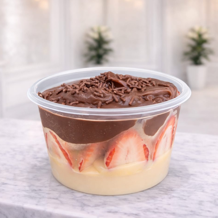 Bombom aberto de morangos picados com um delicioso creme de Ninho e para finalizar uma camada irresistível de creme de chocolate.
