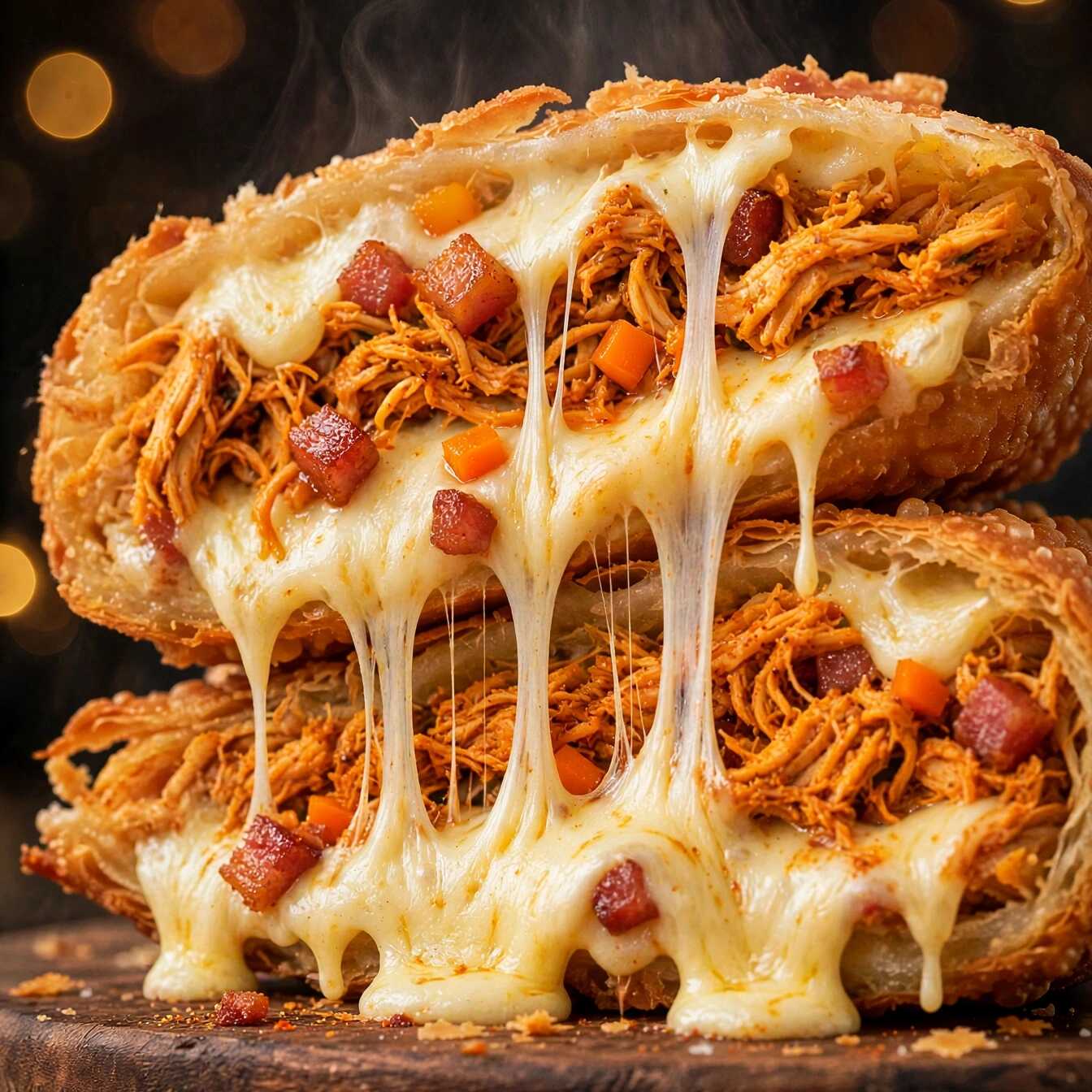 Pastel sequinho e crocante, com recheio de Frango, Queijo e Bacon