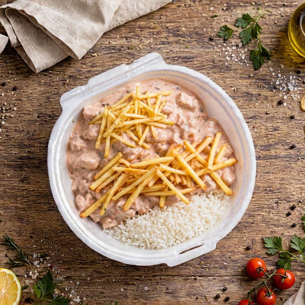 Strogonoff de frango cremoso preparado com cubos macios e molho encorpado, trazendo textura suave e sabor marcante. Acompanha arroz branco soltinho, batata palha crocante e salada fresca do Dia, refeição completa, caseira e irresistível, peça agora.