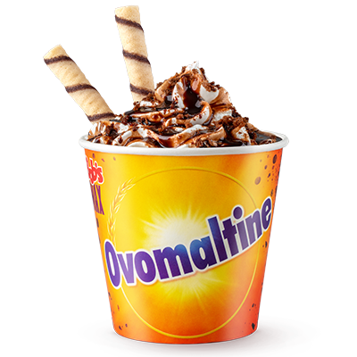 Mix sabor baunilha com crocante ovomaltine, calda de chocolate e dois tubetes.