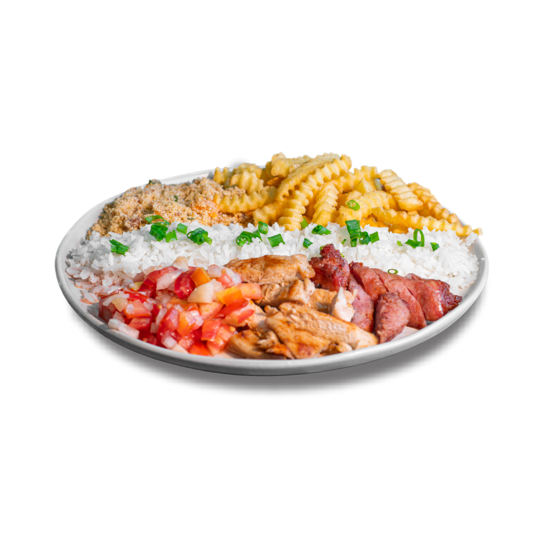 Filé de peito de frango e linguiça toscana na chapa, arroz, farofa com bacon, vinagrete de abacaxi e Hakuna Batata.