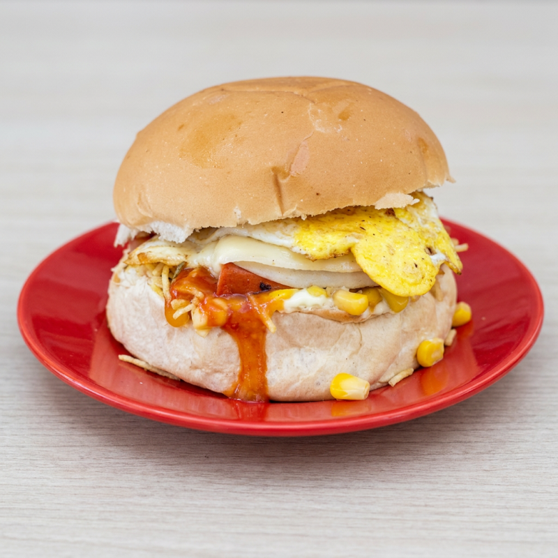 Pão de hamburguer, Salsicha, Batata Palha, Milho, Ovo, Queijo, Maionese, Catchup.
