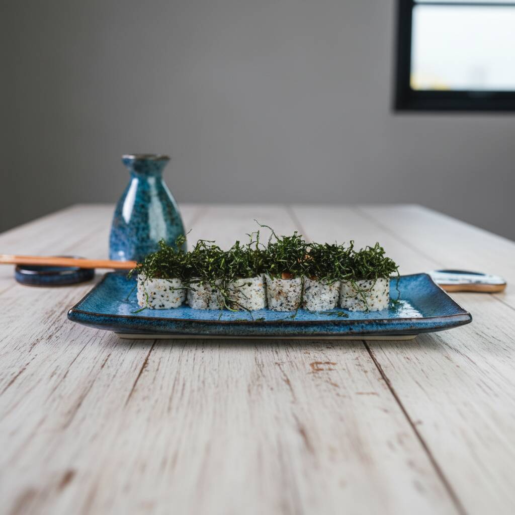 Uramaki recheado com salmão fresco e cream cheese, finalizado com crispy de couve-folha.