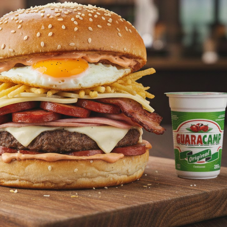 Pão, carne, ovo, bacon, calabresa, queijo, presunto, batata palha, molho e queijo ralado