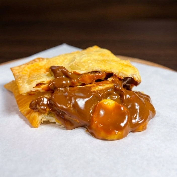 Pastel com doce de leite e banana fatiada.