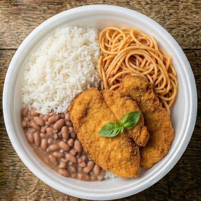 arroz, feijão e file de frango milanesa
