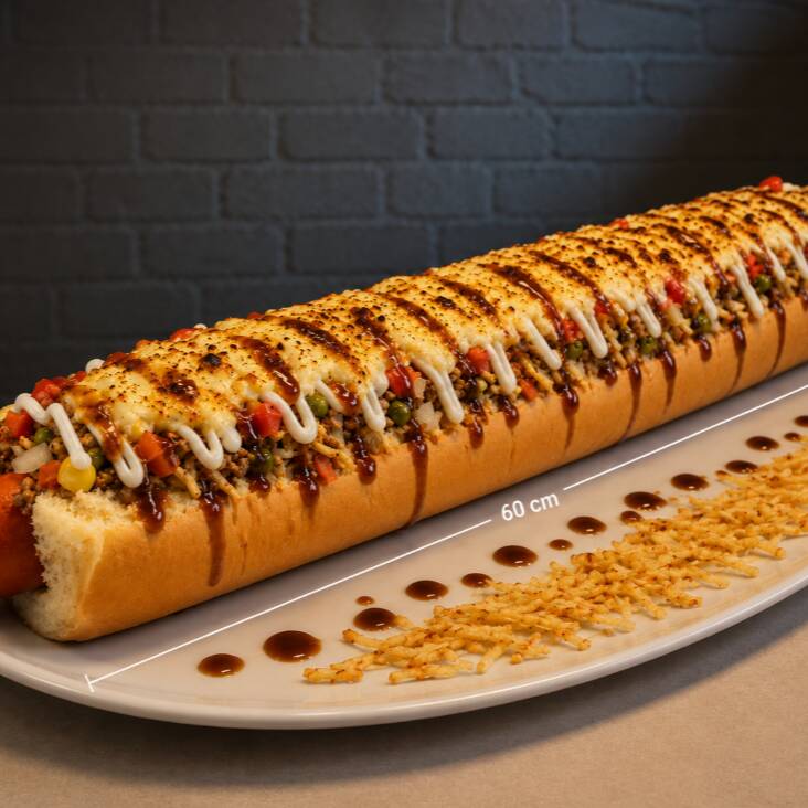Pão, salsicha,carne moida, cheddar, Catupiry, cebola, tomate, milho, cenoura, ervilha, batata palha, pure, queijo mussarela maçaricado, barbecue, maionese (caseira)