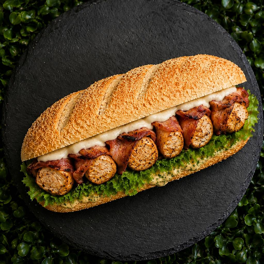 Baguete Recheada de Medalhão de Frango com Bacon, Cream Cheese , Molho Especial da Casa e Complementos à sua escolha.