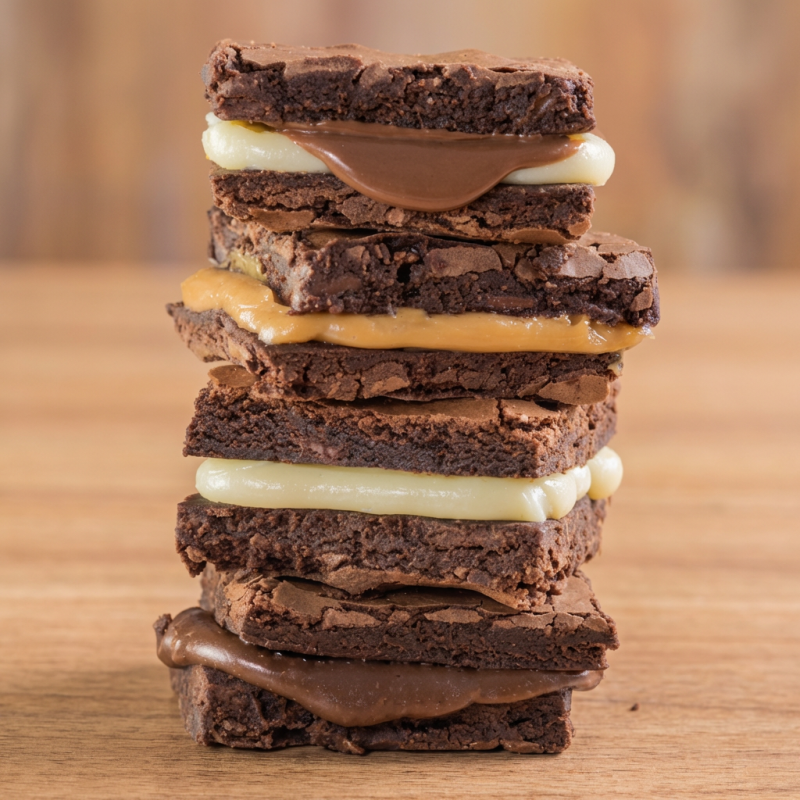Este super brownie é meticulosamente recheado com três distintos e irresistíveis sabores de brigadeiro. Sua massa é preparada com um chocolate de extrema nobreza, que confere uma riqueza incomparável de sabor. A casquinha perfeita adiciona uma textura crocante ao exterior, enquanto o interior permanece maravilhosamente úmido. Uma experiência de sabor verdadeiramente saborosa, uma explosão de mágica a cada mordida. Uma delícia absoluta que promete satisfazer o paladar dos mais exigentes amantes de doces.