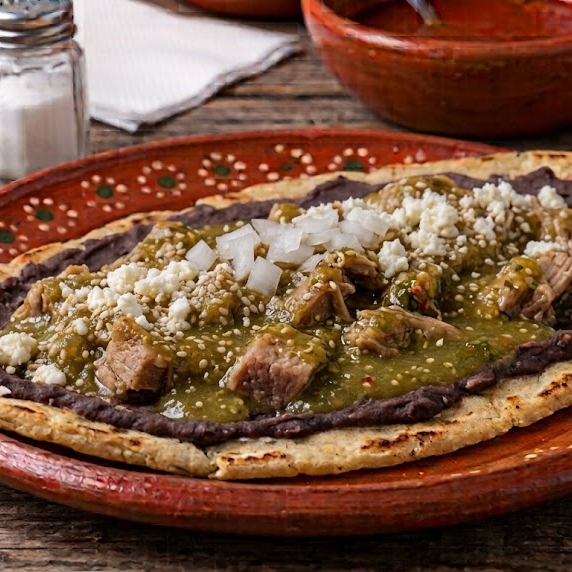 Huaraches Carne de Puerco en Salsa Verde