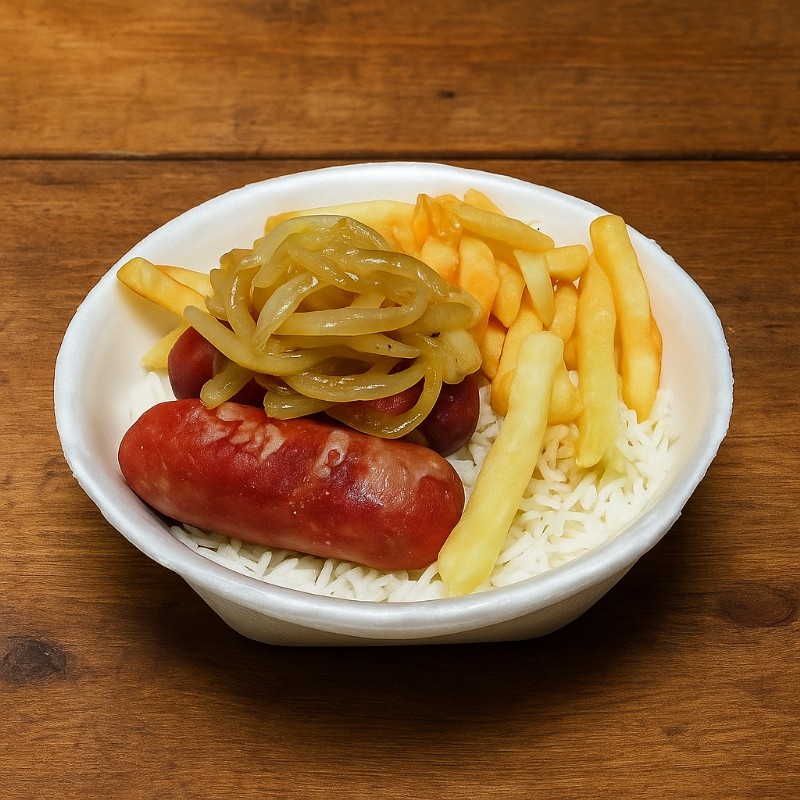 Linguiça fresca acebolada, arroz, feijão e batata frita.