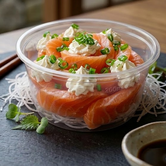 10 fatias de sashimis salmão com cream chesse e cebolinha