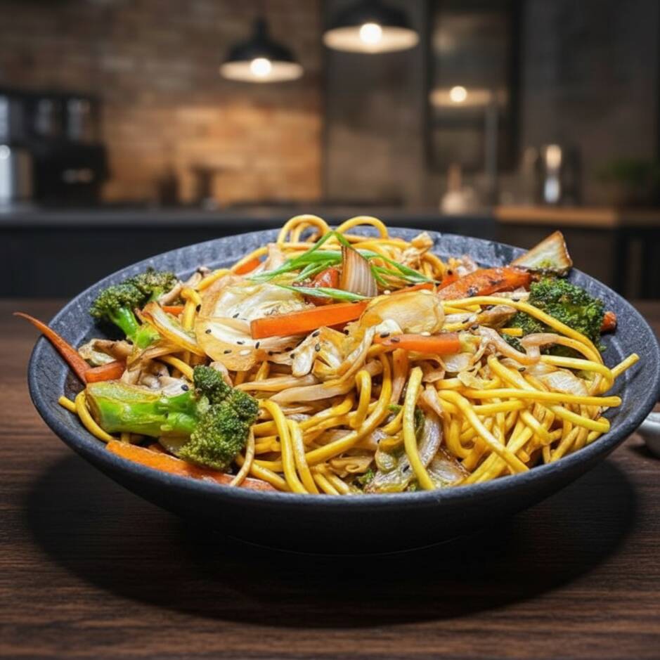 Yakisoba com molho especial da casa, estilo Chinês (Pouco molho), Brócolis, Cenoura e Repolho, finalizado com Gari (Gengibre Rosa), Cebolinha e Gergelim. (Agridoce)
