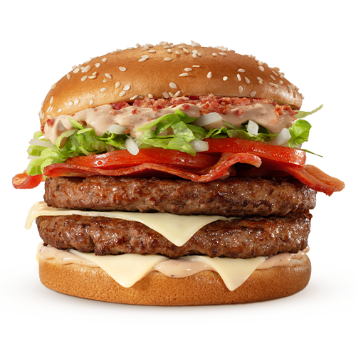 Composto por dois hambúrgueres de carne 100% bovina, o icônico molho tasty, uma combinação especial de bacon crispy e fatias de Bacon, queijo processado sabor emental, tomate, alface, cebola, tudo isso no pão com gergelim.