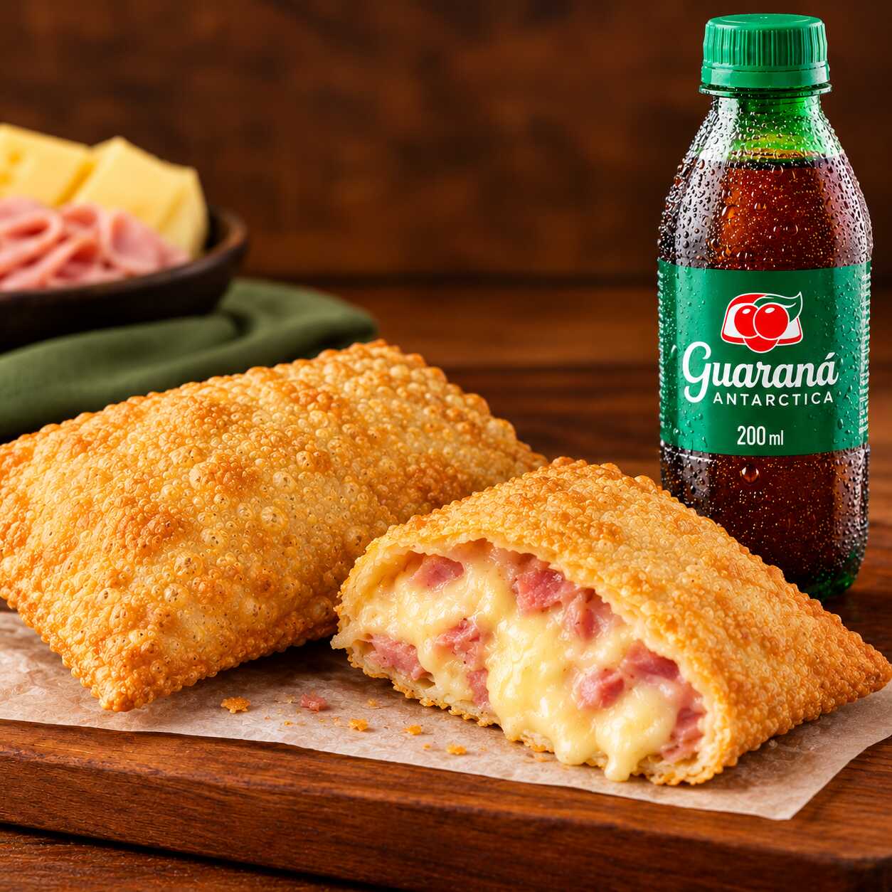Pastel crocante recheado com presunto e queijo bem cremoso, acompanhado de um Guaraná bem gelado de 200ml. Uma combinação simples, deliciosa e que deixa qualquer momento mais gostoso!