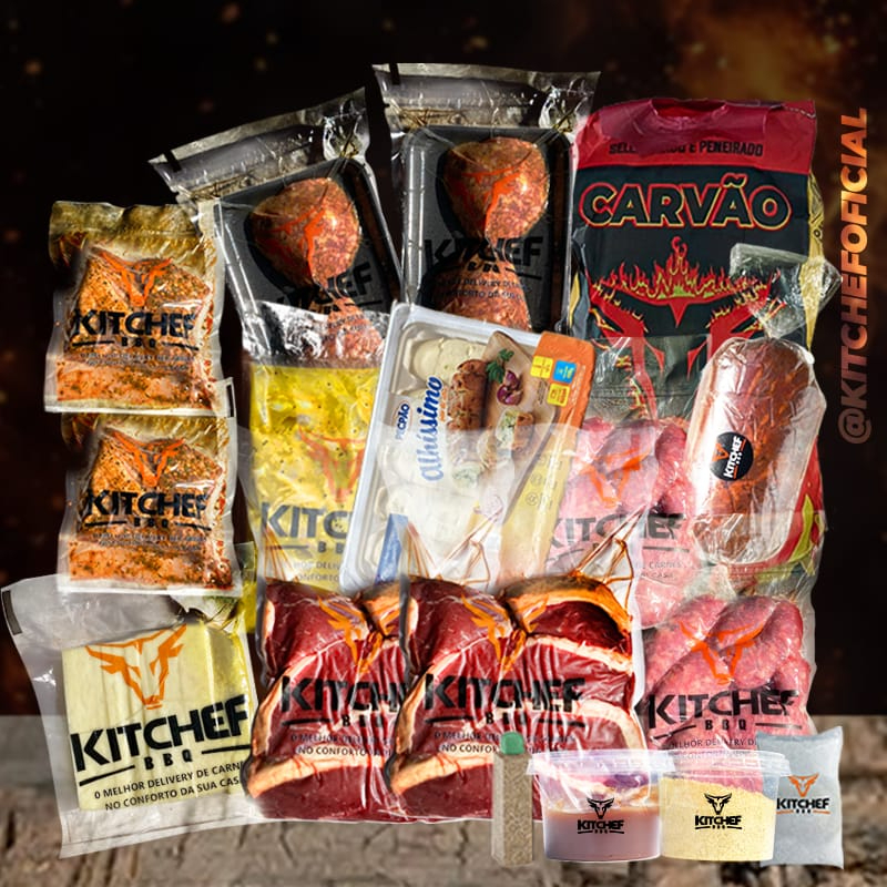 1KG DE PICANHA / 1KG DE LINGUIÇA SUÍNA / 1KG DE DRUMET TEMPERADO AO MOLHO MOSTARDA / 500G DE COSTELA / 500G DE QUEIJOC COALHO / PÃO DE ALHO / MOLHO BARBCUE / FAROFA / SAL GROSSO / CARVÃO / ACENDEDOR