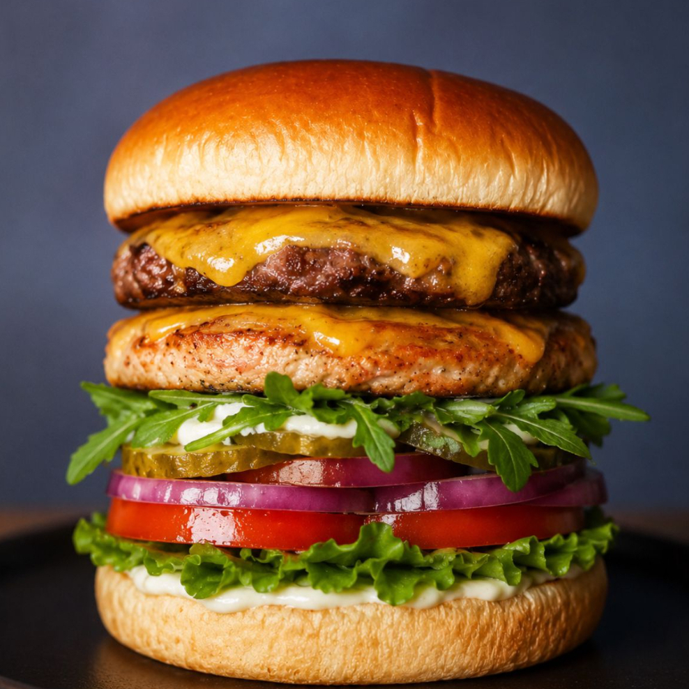O queridinho da Capivaria, pão brioche, maionese artesanal, Smash burguer artesanal 80g, Smash burguer artesanal de frango 80g, Alface americana, tomate, picles, cebola roxa, rúcula, queijo mussarella.