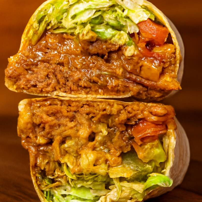 O 'Burrito Chili Carne, Sour e Guaca', nosso prato mais pedido e típico da culinária mexicana, apresenta uma massa de trigo delicadamente crepada, recheada com uma generosa mistura de queijos mussarela e prato. A carne, cuidadosamente desfiada, é preparada ao estilo caseiro, remetendo ao sabor inigualável da vovó. O prato ainda conta com o tradicional chilli mexicano, o refrescante pico de gallo e
