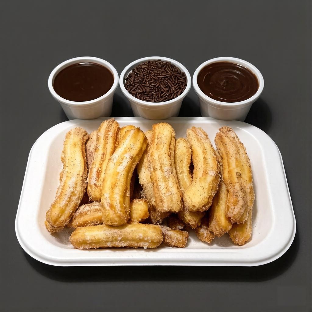 Mini churros espanhol no sabor chocolate ao leite. 20 unidades de mini churros, 2 copinhos com chocolate.